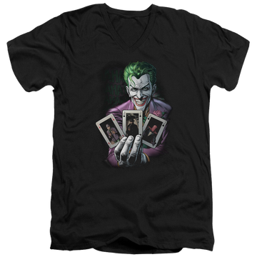 Black men's v-neck t-shirt with Joker Batman 3 Of A Kind graphic
