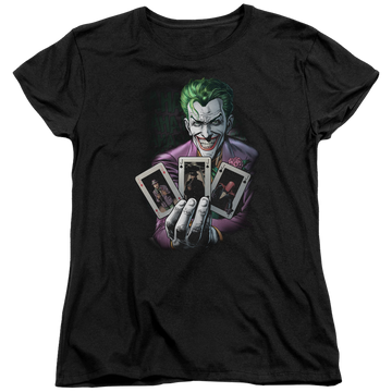 Black women's t-shirt with Joker Batman 3 Of A Kind graphic