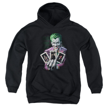 Black youth hoodie for ages 8 to 12 with Joker 3 Of A Kind graphic
