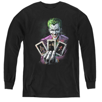 Black youth long sleeve t-shirt with Joker 3 Of A Kind graphic