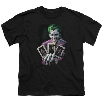 Black youth t-shirt for ages 8 to 12 with Joker 3 Of A Kind graphic