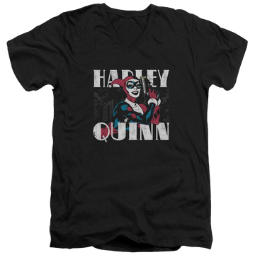 Black men's v-neck t-shirt with Harley Quinn Batman Harley Bold graphic