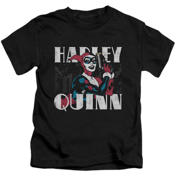 Black kid's t-shirt for ages 4 to 7 with Harley Quinn Harley Bold graphic