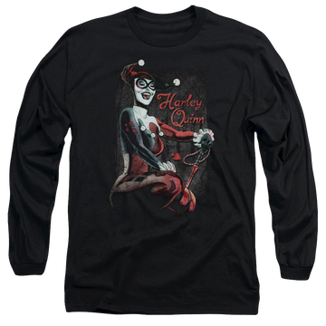 Black men's long sleeve t-shirt with Harley Quinn Batman Laugh It Up graphic