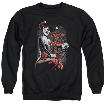 Black men's crewneck sweatshirt with Harley Quinn Batman Laugh It Up graphic