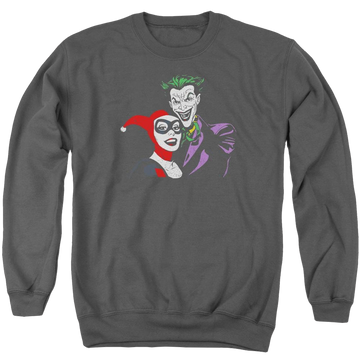 Charcoal men's crewneck sweatshirt with Harley Quinn Batman Joker & Harley graphic