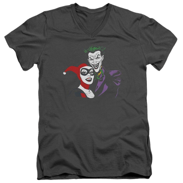 Charcoal men's v-neck t-shirt with Harley Quinn Batman Joker & Harley graphic