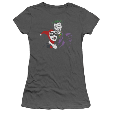 Charcoal juniors t-shirt with Harley Quinn Batman Joker & Harley graphic