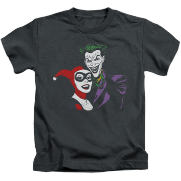 Charcoal kid's t-shirt for ages 4 to 7 with Harley Quinn Joker & Harley graphic