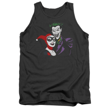 Charcoal men's tank with Harley Quinn Batman Joker & Harley graphic