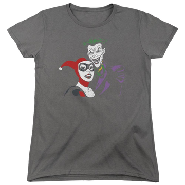 Charcoal women's t-shirt with Harley Quinn Batman Joker & Harley graphic