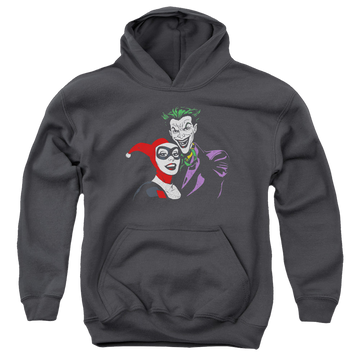 Charcoal youth hoodie for ages 8 to 12 with Harley Quinn Joker & Harley graphic