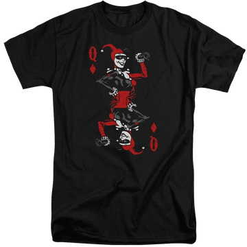 Black men's tall fit t-shirt with Harley Quinn Batman Quinn Of Diamonds graphic