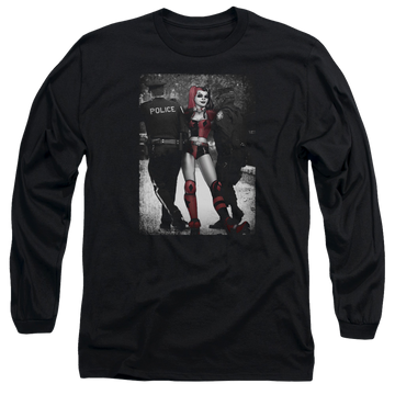 Black men's long sleeve t-shirt with Harley Quinn Batman Arrest graphic
