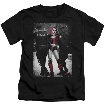 Black kid's t-shirt for ages 4 to 7 with Harley Quinn Arrest graphic