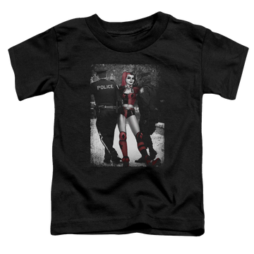 Black toddler t-shirt with Harley Quinn Arrest graphic