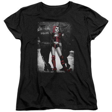 Black women's t-shirt with Harley Quinn Batman Arrest graphic
