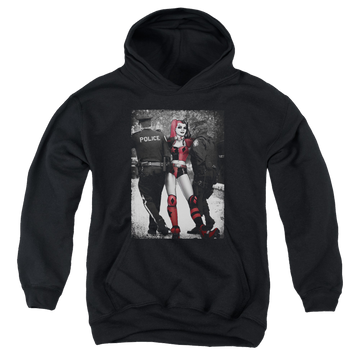 Black youth hoodie for ages 8 to 12 with Harley Quinn Arrest graphic