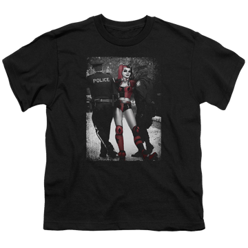 Black youth t-shirt for ages 8 to 12 with Harley Quinn Arrest graphic