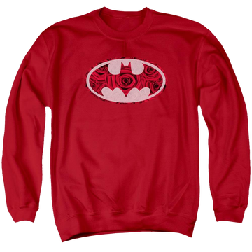 Red men's crewneck sweatshirt with Batman Rosey Signal graphic