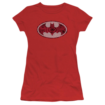 Red juniors t-shirt with Batman Rosey Signal graphic