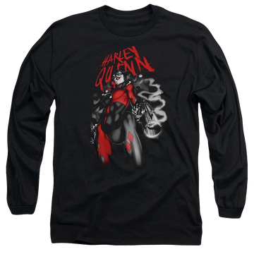 Black men's long sleeve t-shirt with Harley Quinn Batman Down The Barrel graphic