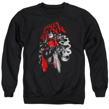 Black men's crewneck sweatshirt with Harley Quinn Batman Down The Barrel graphic