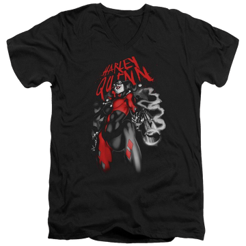 Black men's v-neck t-shirt with Harley Quinn Batman Down The Barrel graphic