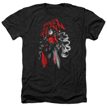 Charcoal men's heather t-shirt with Harley Quinn Batman Down The Barrel graphic