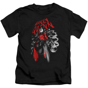 Black kid's t-shirt for ages 4 to 7 with Harley Quinn Down The Barrel graphic