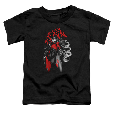 Black toddler t-shirt with Harley Quinn Down The Barrel graphic