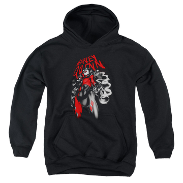 Black youth hoodie for ages 8 to 12 with Harley Quinn Down The Barrel graphic