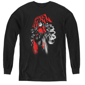 Black youth long sleeve t-shirt with Harley Quinn Down The Barrel graphic