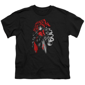 Black youth t-shirt for ages 8 to 12 with Harley Quinn Down The Barrel graphic