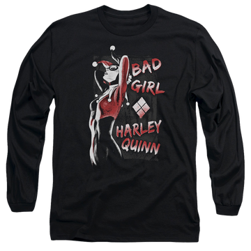 Black men's long sleeve t-shirt with Harley Quinn Batman Bad Girl graphic