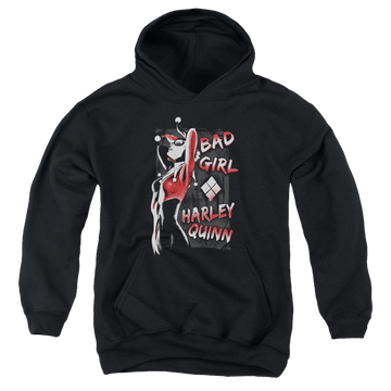 Black youth hoodie for ages 8 to 12 with Harley Quinn Bad Girl graphic