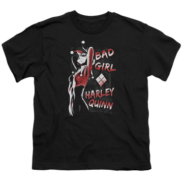 Black youth t-shirt for ages 8 to 12 with Harley Quinn Bad Girl graphic