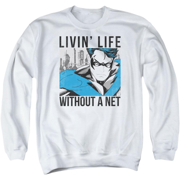 White men's crewneck sweatshirt with Nightwing Batman Without A Net graphic