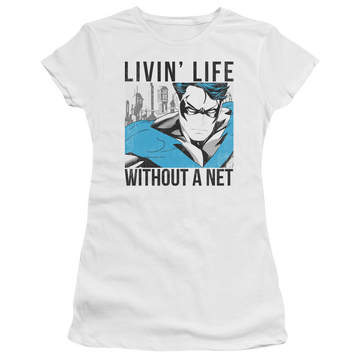 White juniors t-shirt with Nightwing Batman Without A Net graphic