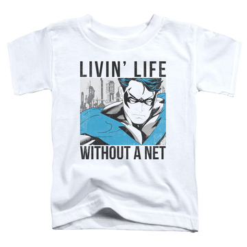 White kid's t-shirt for ages 4 to 7 with Nightwing Without A Net graphic