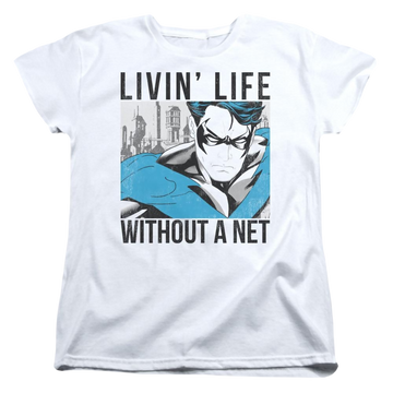 White women's t-shirt with Nightwing Batman Without A Net graphic