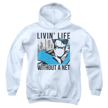White youth hoodie for ages 8 to 12 with Nightwing Without A Net graphic