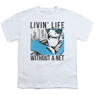 White youth t-shirt for ages 8 to 12 with Nightwing Without A Net graphic