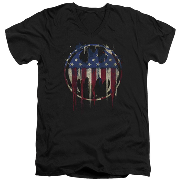 Black men's v-neck t-shirt with Batman Bleeding Signal graphic