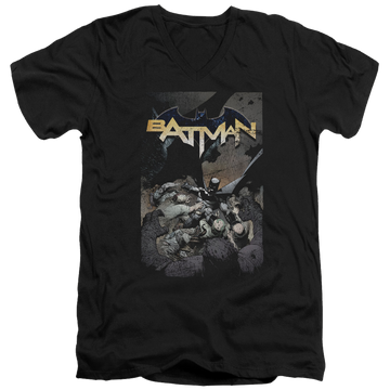 Black men's v-neck t-shirt with Batman One graphic