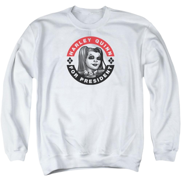 White men's crewneck sweatshirt with Harley Quinn Batman Harley President Circle graphic