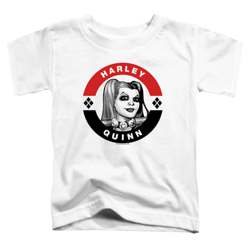 White toddler t-shirt with Harley Quinn Harley President Circle graphic