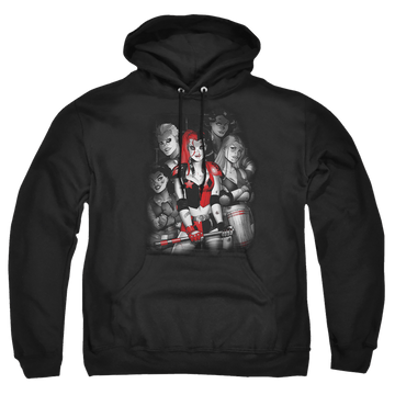 Black pullover hoodie with Harley Quinn Batman Bad Gals Bw graphic