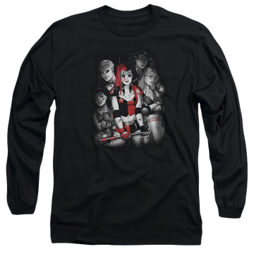 Black men's long sleeve t-shirt with Harley Quinn Batman Bad Gals Bw graphic