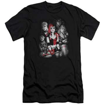 Black men's premium slim fit t-shirt with Harley Quinn Batman Bad Gals Bw graphic